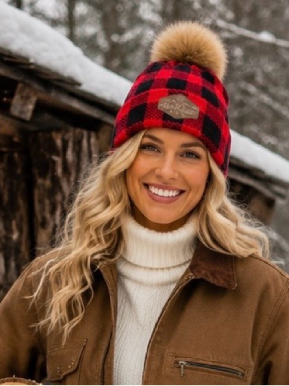 Buffalo Plaid Pom Pom Beanie - Red/Black